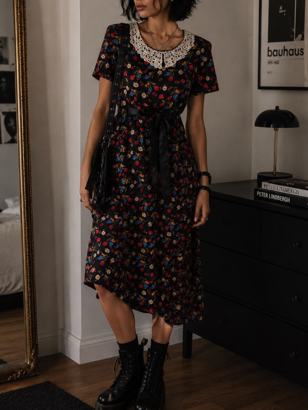 Vintage 80’s Black Floral Midi Dress with Lace Collar and Satin Waist Tie